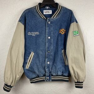 Men’s Vintage 90s Denim Canvas Bomber Style Basketball College Snap Up Coat